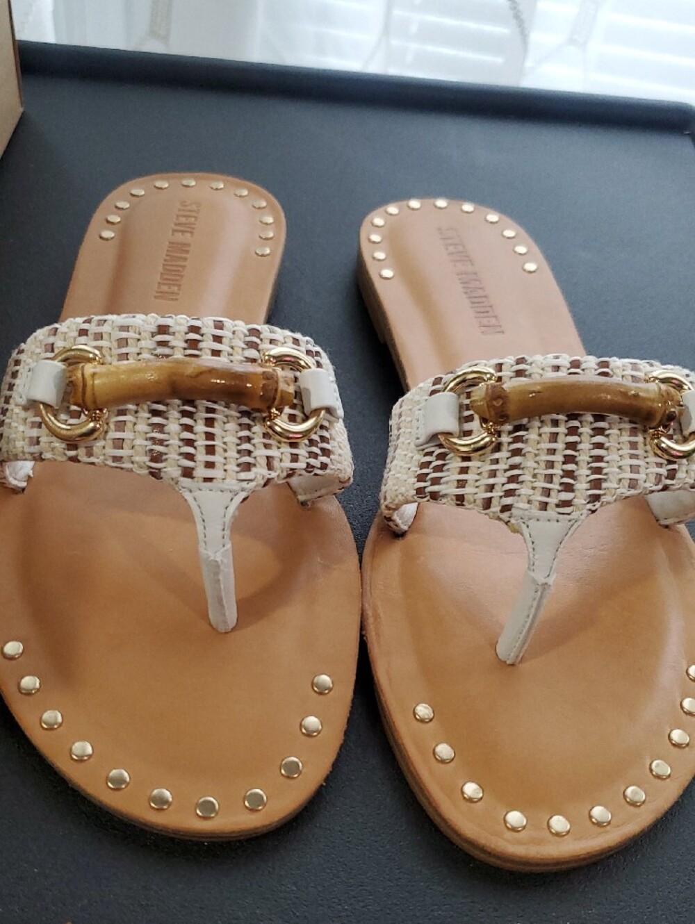 Steve Madden Beige Woven Thong Sandals with Bamboo and Gold Accents